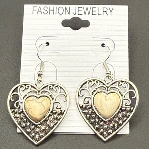 Silver Tone Heart Dangle Earrings with Stone Inset Fashion Jewelry Item No 03089